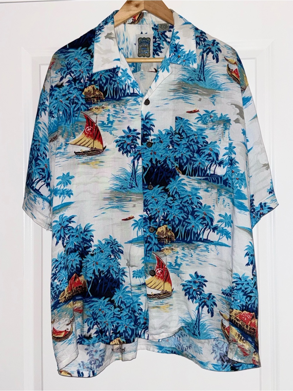 Ocean Current Hawaiian Shirt Mens Large Blue Button Up Tropical Sailboat Vintage
